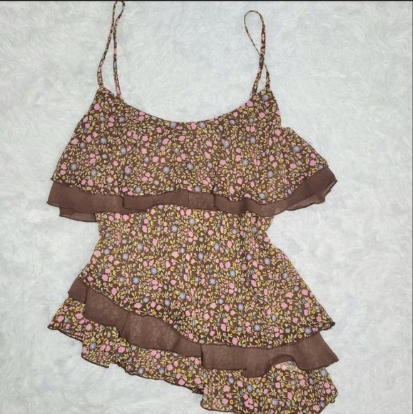 Forever 21 Brown & Pink Floral Babydoll Top With Ruffles Women's US Size Small - Picture 1 of 2